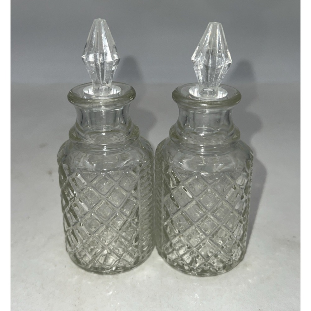 VTG Sheffield Glass Jars Oil & Vinegar Cut Glass Diamond Stoppers 4.5"